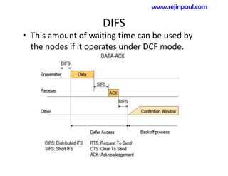 DIFS
• This amount of waiting time can be used by
the nodes if it operates under DCF mode.
www.rejinpaul.com
 