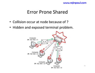 Error Prone Shared
• Collision occur at node because of ?
• Hidden and exposed terminal problem.
21
www.rejinpaul.com
 
