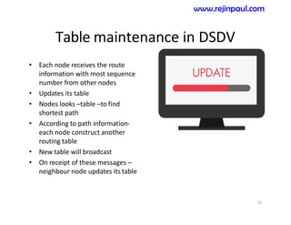 Table maintenance in DSDV
• Each node receives the route
information with most sequence
number from other nodes
• Updates its table
• Nodes looks –table –to find
shortest path
• According to path information-
each node construct another
routing table
• New table will broadcast
• On receipt of these messages –
neighbour node updates its table
31
www.rejinpaul.com
 