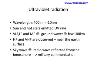 Ultraviolet radiation
• Wavelength: 400 nm -10nm
• Sun and hot stars emitted UV rays
• VLF,LF and MF  ground waves few100km
• HF and VHF are observed – near the earth
surface
• Sky wave  radio wave reflected fromthe
ionosphere -- > military communication
www.rejinpaul.com
 