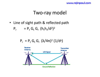 Two-ray model
• Line of sight path & reflected path
Pr = Pt Gt Gr (hthr/d2)2
Pr = Pt Gt Gr (λ/4π)2 (1/dγ)
www.rejinpaul.com
 