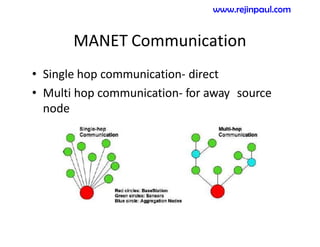 MANET Communication
• Single hop communication- direct
• Multi hop communication- for away source
node
www.rejinpaul.com
 