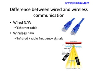 Difference between wired and wireless
communication
• Wired N/W
Ethernet cable
• Wireless n/w
Infrared / radio frequency signals
www.rejinpaul.com
 