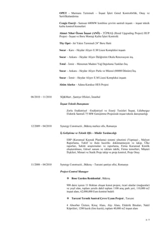 3 / 7
OPET - Marmara Terminali – İnşaat İşleri Genel Kontrolörlük, Onay ve
Sertifikalandırma
Cengiz Enerji - Samsun 600MW kombine çevrim santrali inşaatı – inşaat teknik
kalite kontrol hizmetleri
Ahmet Nihat Özsan İnşaat (ANÖ) - TÜPRAŞ (Resid Upgrading Project) RUP
Projesi - İnşaat ve Boru Montajı Kalite İşleri Kontrolü
Thy Opet - Jet Yakıtı Terminali 24” Boru Hatti
Socar – Kars – Heydar Aliyev E.M Lisesi Kompleksi inşaatı
Socar – Ankara – Heydar Aliyev İlköğretim Okulu Renovasyon inş.
Total – İzmir – Menemen Madeni Yağ Depolama Tankları İnş.
Socar – Ankara – Heydar Aliyev Parkı ve Müzesi (80000 Dönüm) İnş.
Socar – İzmir – Heydar Aliyev E.M Lisesi Kompleksi inşaatı
Alsim Alarko – Adana Karakuz HES Projesi
06/2010 ~ 11/2010 SQ&Mart , Şantiye Ofisleri, İstanbul
İnşaat Teknik Danışmanı
Zorlu Endüstriyel –Endüstriyel ve Enerji Tesisleri İnşaat, Lüleburgaz
Elektrik Santrali 75 MW Genişletme Projesinde inşaat teknik danışmanlığı
12/2009 ~ 04/2010 Synergy Constructii , Bükreş merkez ofis, Romanya
İş Geliştirme ve Teknik Ofis – Müdür Yardımcılığı
ERP (Kurumsal Kaynak Planlama) sistemi yönetimi (Yapıtaşı) , Maliyet
Raporlama, Teklif ve ihale hazırlık- dokümantasyon ve takip, Ülke
raporları, Sektör araştırmaları ve raporlama, Firma Kurumsal Kimlik
oluşturulması, Görsel sunum ve reklam takibi, Firma temsilleri, Müşteri
İlişkileri, Mimari ve Statik Proje takip ve proje kontrol, Proje Onay
11/2008 ~ 04/2010 Synergy Constructii , Bükreş – Turceni şantiye ofisi, Romanya
Project Control Manager
 Rose Garden Residential , Bükreş
908 daire içeren 11 bloktan oluşan konut projesi, ticari alanlar (mağazalar)
ve yeşil alan, toplam yeraltı dahil toplam 1100 araç park yeri, 110,000 m2
inşaat alanı, 62,000,000 Euro kontrat bedeli
 Turceni Termik Santral Çevre Uyum Projesi , Turceni
4 Absorber Ünitesi, Kireç Alanı, Alçı Alanı, Elektrik Binaları, Nakil
Köprüleri, 1200 kazık (fore kazık), toplam 40,000 m2 inşaat alanı
 