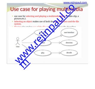⚫ use case for selecting and playing a multimedia object (audio clip, a
picture,etc.).
⚫ Selecting an object makes use of both the user interface and the file
system.
⚫ Playing also makes use of the file system as well as the decoding
subsystem and I/O subsystem.
www.rejinpaul.com
Use case for playing multimedia
w
w
w
.
r
e
j
i
n
p
a
u
l
.
c
o
m
 