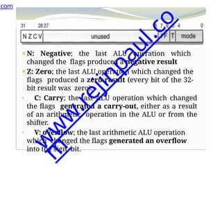 ⚫N: Negative; the last ALU operation which
changed the flags produced a negative result
⚫Z: Zero; the last ALU operation which changed the
flags produced a zero result (every bit of the 32-
bit result was zero).
⚫ C: Carry; the last ALU operation which changed
the flags generated a carry-out, either as a result
of an arithmetic operation in the ALU or from the
shifter.
⚫ V: oVerflow; the last arithmetic ALU operation
which changed the flags generated an overflow
into the sign bit.
.com
w
w
w
.
r
e
j
i
n
p
a
u
l
.
c
o
m
 
