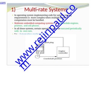 1) Multi-rate Systems
⚫ In operating system implementing code for satisfies timing
requirements is more complex when multiple rates of
computation must be handled.
⚫ Multirate embedded computing systemsEx: automobile engines,
printers, and cell phones.
⚫ In all these systems, certain operations must be executed periodically
with its own rate.
⚫ EgAutomotive engine control
.com
w
w
w
.
r
e
j
i
n
p
a
u
l
.
c
o
m
 