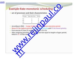 Example-Rate-monotonic scheduling
⚫ set of processes and their characteristics
⚫ According to RMA Assign highest priority for least execution period.
⚫ Hence P1 the highest priority, P2 the middle priority,and P3 the lowest priority.
⚫ First execute P1 then P2 and finally P3.(T1>T2>T3)
⚫ After assigning priorities, construct a time line equal in length to hyper period,
which is 12 in this case.
.com
w
w
w
.
r
e
j
i
n
p
a
u
l
.
c
o
m
 