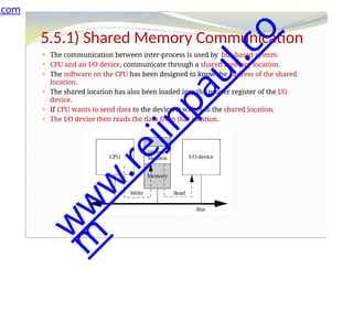 5.5.1) Shared Memory Communication
⚫ The communication between inter-process is used by bus-based system.
⚫ CPU and an I/O device, communicate through a shared memory location.
⚫ The software on the CPU has been designed to know the address of the shared
location.
⚫ The shared location has also been loaded into the proper register of the I/O
device.
⚫ If CPU wants to send data to the device, it writes to the shared location.
⚫ The I/O device then reads the data from that location.
⚫ The read and write operations are standard and can be encapsulated in a
procedural interface.
.com
w
w
w
.
r
e
j
i
n
p
a
u
l
.
c
o
m
 