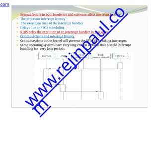 ⚫ Several factors in both hardware and software affect interrupt latency:
⚫ The processor interrupt latency
⚫ The execution time of the interrupt handler
⚫ Delays due to RTOS scheduling
⚫ RTOS delay the execution of an interrupt handler in two ways.
⚫ Critical sections and interrupt latency
⚫ Critical sections in the kernel will prevent the RTOS from taking interrupts.
⚫ Some operating systems have very long critical sections that disable interrupt
handling for very long periods.
.com
w
w
w
.
r
e
j
i
n
p
a
u
l
.
c
o
m
 