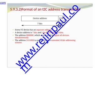 5.9.3.2)Format of an I2C address transmission
⚫
⚫ Every I2C device has an separate address.
⚫ A device address is 7 bits and 1 bit for read/write data.
⚫ The address 0000000 ,which can be used to signal all devices
simultaneously.
⚫ The address 11110XX is reserved for the extended 10-bit addressing
scheme.
.com
w
w
w
.
r
e
j
i
n
p
a
u
l
.
c
o
m
 