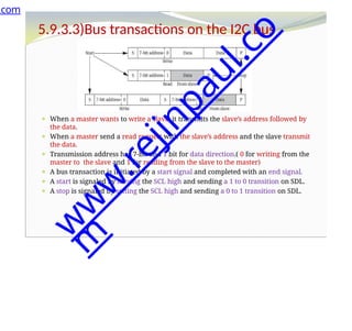 5.9.3.3)Bus transactions on the I2C bus
⚫ When a master wants to write a slave, it transmits the slave’s address followed by
the data.
⚫ When a master send a read request with the slave’s address and the slave transmit
the data.
⚫ Transmission address has 7-bit and 1 bit for data direction.( 0 for writing from the
master to the slave and 1 for reading from the slave to the master)
⚫ A bus transaction is initiated by a start signal and completed with an end signal.
⚫ A start is signaled by leaving the SCL high and sending a 1 to 0 transition on SDL.
⚫ A stop is signaled by setting the SCL high and sending a 0 to 1 transition on SDL.
.com
w
w
w
.
r
e
j
i
n
p
a
u
l
.
c
o
m
 