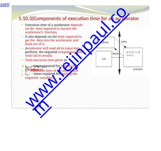 5.10.3)Components of execution time for an accelerator
⚫ Execution time of a accelerator depends
on the time required to execute the
accelerator’s function.
⚫ It also depends on the time required to
get the data into the accelerator and
back out of it.
⚫ Accelerator will read all its input data,
perform the required computation,and
write all its results.
⚫ Total execution time given as
⚫tacccel=tx+tin+tout
⚫ tx execution time of the accelerator
⚫
Tin
times required for reading the
required
variables
⚫ tout- times required for writing the
required variables
.com
w
w
w
.
r
e
j
i
n
p
a
u
l
.
c
o
m
 