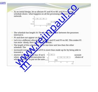 ⚫ As an initial design, let us allocate P1 and P2 to M1 and P3 to M2This
schedule shows what happens on all the processing elements and the
network.
⚫ The schedule has length 19. The d1 message is sent between the processes
internal to
⚫ P1 and does not appear on the bus.
⚫ Let’s try a different allocation. P1 on M1 and P2 and P3 on M2. This makes P2
run more slowly. Here is the new schedule:.
⚫ The length of this schedule is 18, or one time unit less than the other
schedule. The
⚫ increased computation time of P2 is more than made up for by being able to
transmit a
⚫ shorter message on the bus. If we had not taken communication into account
when analyzing total execution time, we could have made the wrong choice of
which processes to put on the same processing element
.
.com
w
w
w
.
r
e
j
i
n
p
a
u
l
.
c
o
m
 