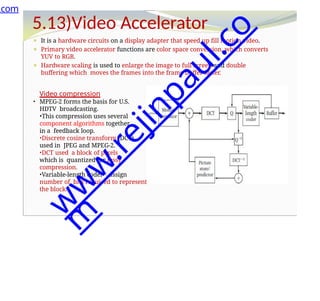 5.13)Video Accelerator
⚫ It is a hardware circuits on a display adapter that speed up fill motion video.
⚫ Primary video accelerator functions are color space conversion, which converts
YUV to RGB.
⚫ Hardware scaling is used to enlarge the image to full screen and double
buffering which moves the frames into the frame buffer faster.
Video compression
• MPEG-2 forms the basis for U.S.
HDTV broadcasting.
•This compression uses several
component algorithms together
in a feedback loop.
•Discrete cosine transform (DCT)
used in JPEG and MPEG-2.
•DCT used a block of pixels
which is quantized for lossy
compression.
•Variable-length coderassign
number of bits required to represent
the block.
.com
w
w
w
.
r
e
j
i
n
p
a
u
l
.
c
o
m
 