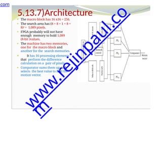 5.13.7)Architecture
⚫ The macro block has 16 x16 = 256.
⚫ The search area has (8 + 8 + 1 + 8 +
8)2 = 1,089 pixels.
⚫ FPGA probably will not have
enough memory to hold 1,089
(8-bit )values.
⚫ The machine has two memories,
one for the macro block and
another for the search memories.
⚫ It has 16 processing elements
that perform the difference
calculation on a pair of pixels.
⚫ Comparator sums them up and
selects the best value to find the
motion vector.
.com
w
w
w
.
r
e
j
i
n
p
a
u
l
.
c
o
m
 