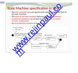 State Machine specification in UML
⚫ The start and stop states are special states which organize the flow of
the state machine.
⚫ The states in the state machine represent different operations.
⚫ Conditional transitions out of states based on inputs or results
of some computation.
⚫ An unconditional transition to the next state.
.com
w
w
w
.
r
e
j
i
n
p
a
u
l
.
c
o
m
 