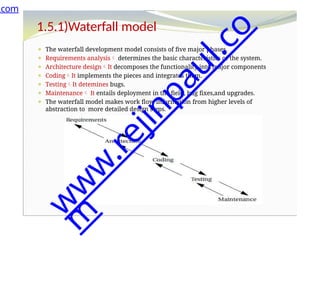 ⚫ The waterfall development model consists of five major phases.
⚫ Requirements analysis determines the basic characteristics of the system.
⚫ Architecture designIt decomposes the functionality into major components
⚫ CodingIt implements the pieces and integrates them.
⚫ TestingIt detemines bugs.
⚫ Maintenance It entails deployment in the field, bug fixes,and upgrades.
⚫ The waterfall model makes work flow information from higher levels of
abstraction to more detailed design steps.
1.5.1)Waterfall model
.com
w
w
w
.
r
e
j
i
n
p
a
u
l
.
c
o
m
 
