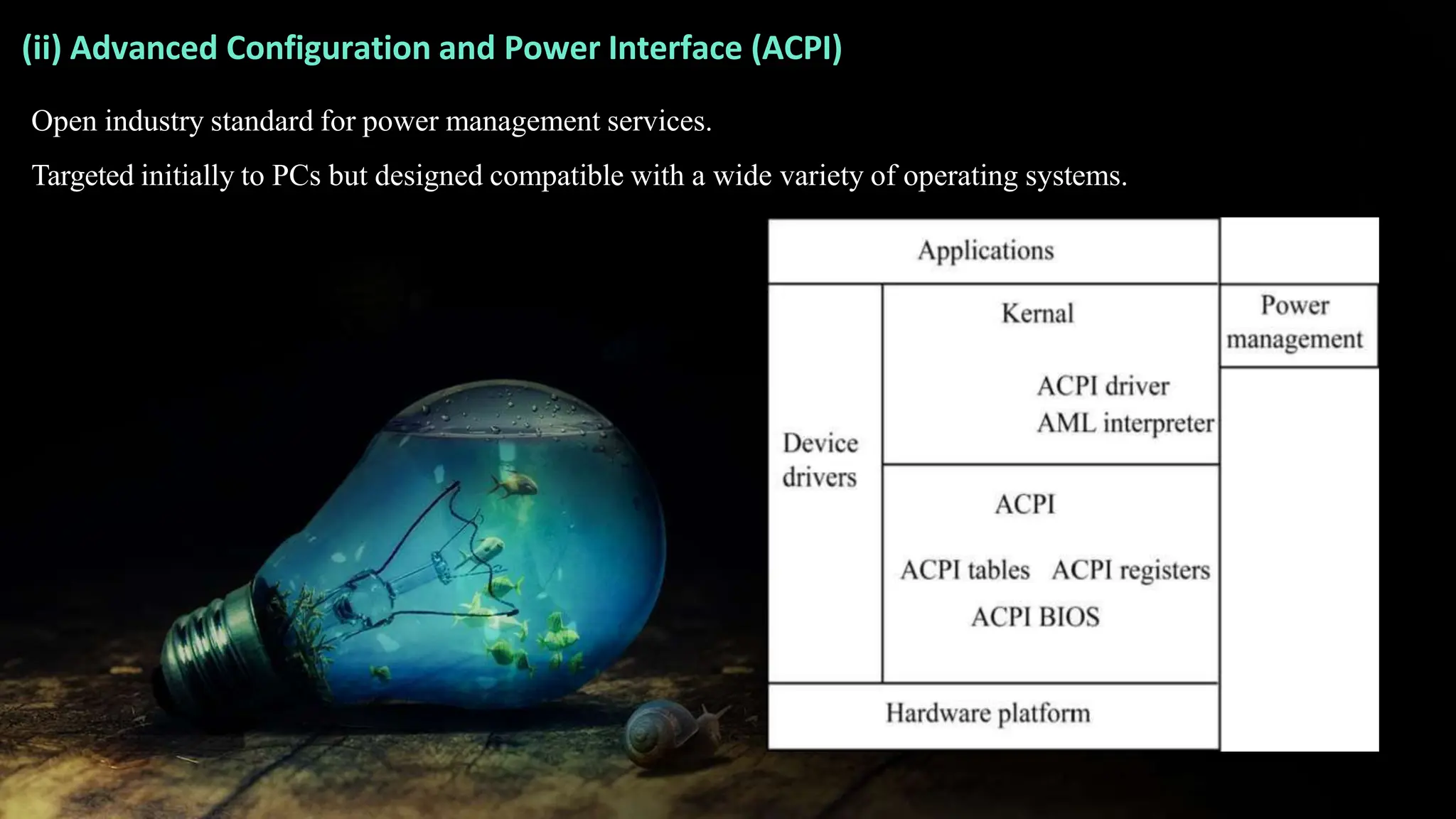 (ii) Advanced Configuration and Power Interface (ACPI)
Open industry standard for power management services.
Targeted initially to PCs but designed compatible with a wide variety of operating systems.
 
