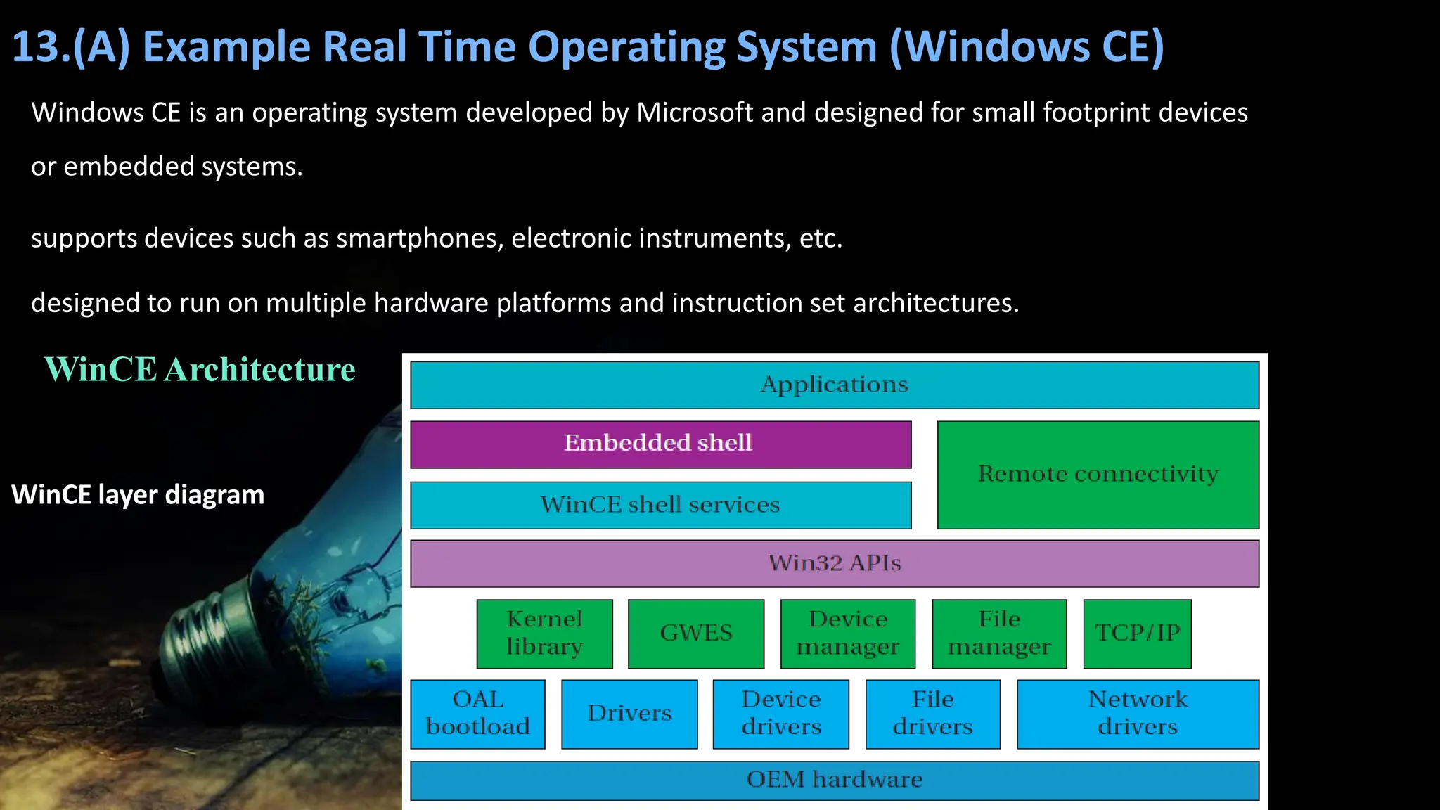 13.(A) Example Real Time Operating System (Windows CE)
Windows CE is an operating system developed by Microsoft and designed for small footprint devices
or embedded systems.
supports devices such as smartphones, electronic instruments, etc.
designed to run on multiple hardware platforms and instruction set architectures.
WinCEArchitecture
WinCE layer diagram
 