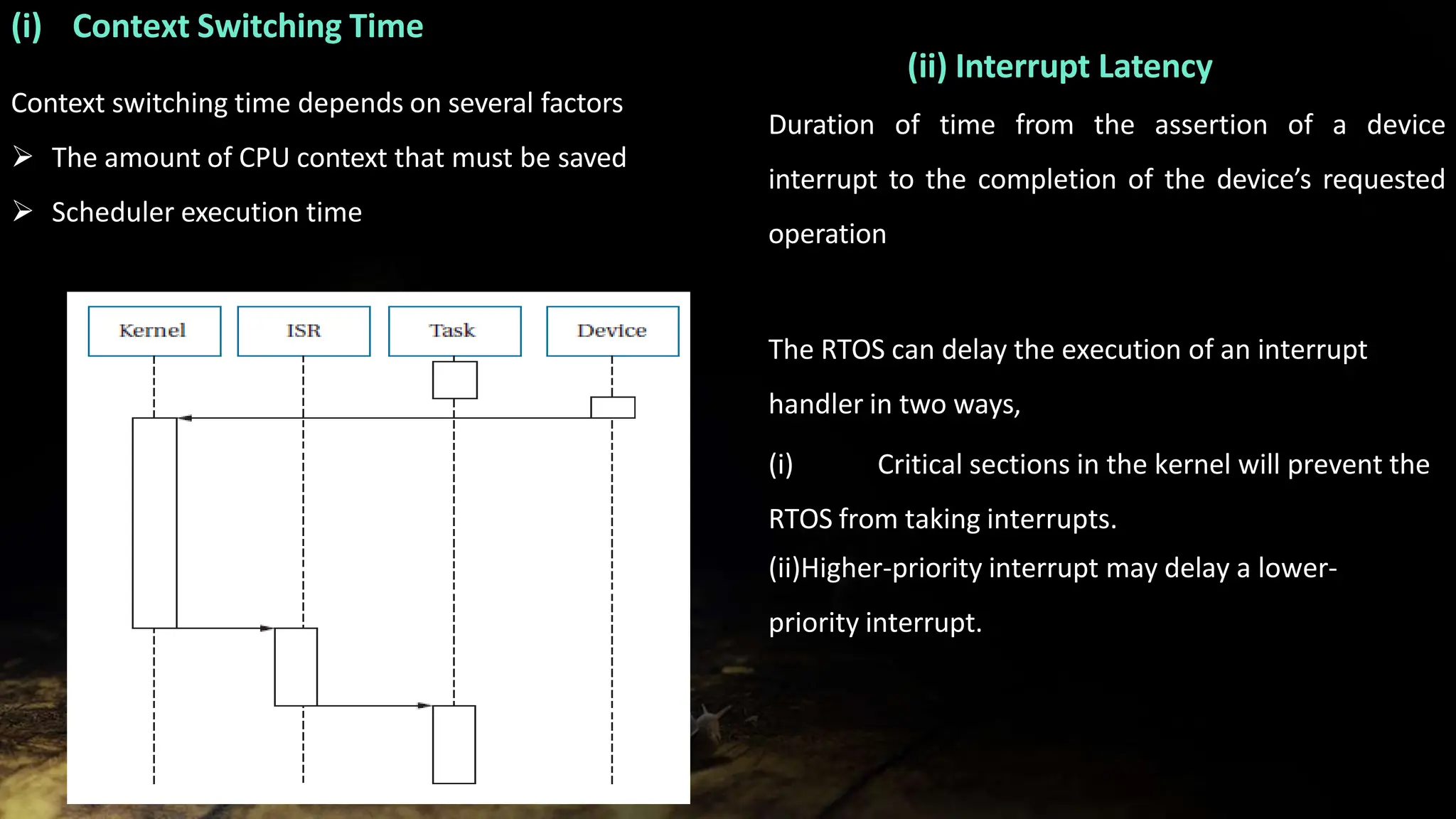 (i) Context Switching Time
Context switching time depends on several factors
 The amount of CPU context that must be saved
 Scheduler execution time
(ii) Interrupt Latency
Duration of time from the assertion of a device
interrupt to the completion of the device’s requested
operation
The RTOS can delay the execution of an interrupt
handler in two ways,
(i) Critical sections in the kernel will prevent the
RTOS from taking interrupts.
(ii)Higher-priority interrupt may delay a lower-
priority interrupt.
 