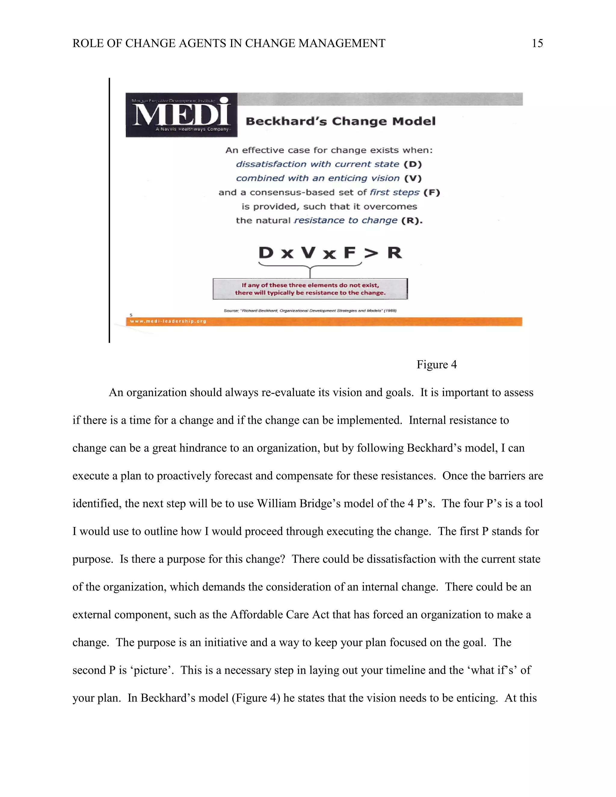 ROLE OF CHANGE AGENTS IN CHANGE MANAGEMENT 15
Figure 4
An organization should always re-evaluate its vision and goals. It is important to assess
if there is a time for a change and if the change can be implemented. Internal resistance to
change can be a great hindrance to an organization, but by following Beckhard’s model, I can
execute a plan to proactively forecast and compensate for these resistances. Once the barriers are
identified, the next step will be to use William Bridge’s model of the 4 P’s. The four P’s is a tool
I would use to outline how I would proceed through executing the change. The first P stands for
purpose. Is there a purpose for this change? There could be dissatisfaction with the current state
of the organization, which demands the consideration of an internal change. There could be an
external component, such as the Affordable Care Act that has forced an organization to make a
change. The purpose is an initiative and a way to keep your plan focused on the goal. The
second P is ‘picture’. This is a necessary step in laying out your timeline and the ‘what if’s’ of
your plan. In Beckhard’s model (Figure 4) he states that the vision needs to be enticing. At this
 