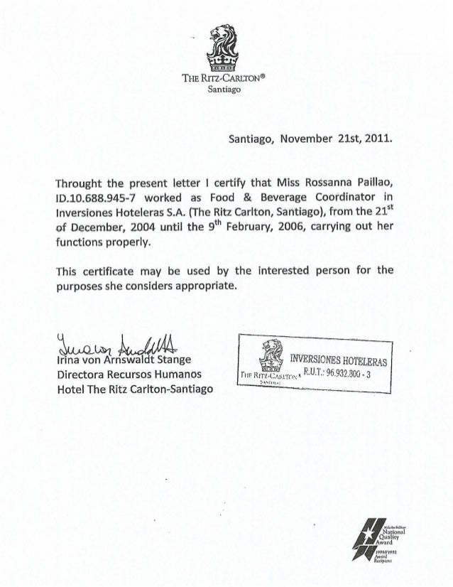 Letter The Ritz Carlton Hotel