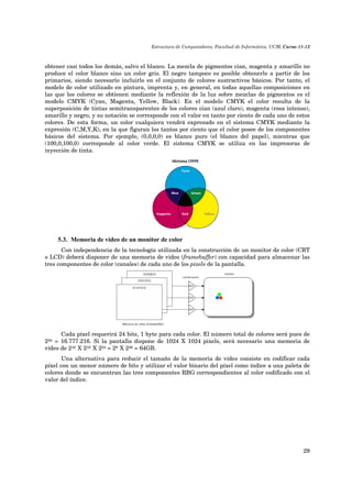 Estructura de Computadores, Facultad de Informática, UCM, Curso 11-12 
obtener casi todos los demás, salvo el blanco. La mezcla de pigmentos cian, magenta y amarillo no 
produce el color blanco sino un color gris. El negro tampoco es posible obtenerlo a partir de los 
primarios, siendo necesario incluirlo en el conjunto de colores sustractivos básicos. Por tanto, el 
modelo de color utilizado en pintura, imprenta y, en general, en todas aquellas composiciones en 
las que los colores se obtienen mediante la reflexión de la luz sobre mezclas de pigmentos es el 
modelo CMYK (Cyan, Magenta, Yellow, Black). En el modelo CMYK el color resulta de la 
superposición de tintas semitransparentes de los colores cian (azul claro), magenta (rosa intenso), 
amarillo y negro, y su notación se corresponde con el valor en tanto por ciento de cada uno de estos 
colores. De esta forma, un color cualquiera vendrá expresado en el sistema CMYK mediante la 
expresión (C,M,Y,K), en la que figuran los tantos por ciento que el color posee de los componentes 
básicos del sistema. Por ejemplo, (0,0,0,0) es blanco puro (el blanco del papel), mientras que 
(100,0,100,0) corresponde al color verde. El sistema CMYK se utiliza en las impresoras de 
inyección de tinta. 
5.3. Memoria de vídeo de un monitor de color 
Con independencia de la tecnología utilizada en la construcción de un monitor de color (CRT 
o LCD) deberá disponer de una memoria de vídeo (framebuffer) con capacidad para almacenar las 
tres componentes de color (canales) de cada uno de los pixels de la pantalla. 
Cada píxel requerirá 24 bits, 1 byte para cada color. El número total de colores será pues de 
224 = 16.777.216. Si la pantalla dispone de 1024 X 1024 pixels, será necesario una memoria de 
vídeo de 210 X 210 X 224 = 28 X 236 = 64GB. 
Una alternativa para reducir el tamaño de la memoria de vídeo consiste en codificar cada 
píxel con un menor número de bits y utilizar el valor binario del píxel como índice a una paleta de 
colores donde se encuentran las tres componentes RBG correspondientes al color codificado con el 
valor del índice. 
29 
 
