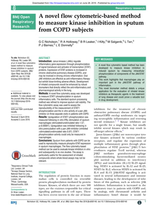 A novel ﬂow cytometric-based method
to measure kinase inhibition in sputum
from COPD subjects
G C Nicholson,1
R A Holloway,2
B R Leaker,1
I Kilty,3
M Salganik,3
L Tan,3
P J Barnes,2
L E Donnelly2
To cite: Nicholson GC,
Holloway RA, Leaker BR,
et al. A novel flow cytometric-
based method to measure
kinase inhibition in sputum
from COPD subjects. BMJ
Open Resp Res 2016;3:
e000140. doi:10.1136/
bmjresp-2016-000140
▸ Additional material is
available. To view please visit
the journal (http://dx.doi.org/
10.1136/bmjresp-2016-
000140).
GCN and RAH contributed
equally.
Received 4 April 2016
Accepted 3 June 2016
1
Respiratory Clinical Trials
Ltd, London, UK
2
Airways Disease Section,
National Heart & Lung
Institute, Imperial College,
London, UK
3
Pfizer, Cambridge,
Massachusetts, USA
Correspondence to
Dr Brian Leaker;
brian.leaker@qasmc.com
ABSTRACT
Introduction: Janus kinases ( JAKs) regulate
inflammatory gene expression through phosphorylation
of signal transducer and activator of transcription (STAT)
proteins. Expression of STAT proteins is increased in
chronic obstructive pulmonary disease (COPD), and
may be involved in driving chronic inflammation. Oral
JAK inhibitors are effective as anti-inflammatory therapy
but exhibit dose-limiting adverse effects. Development
of inhaled compounds would be enhanced by robust
biomarkers that directly reflect the anti-inflammatory and
pharmacological activity in the lung.
Methods: A novel flow cytometry assay was developed
to measure STAT1 phosphorylation in sputum
inflammatory cells. The standard sputum processing
method was refined to improve sputum cell viability. The
flow cytometric assay was used to assess the
reproducibility of the measurement of STAT1
phosphorylation and the in vitro activity of a pan JAK-
inhibitor on three separate visits in patients with COPD.
Results: Upregulation of STAT1 phosphorylation was
measured following in vitro IFNγ stimulation of sputum
macrophages (stimulated/unstimulated ratio 1.57;
p<0.00001). Upregulation was inhibited following in
vitro preincubation with a pan JAK-inhibitor (inhibited
+stimulated/unstimulated ratio 0.97). STAT1
phosphorylation activity could only be measured in
macrophages.
Conclusions: Sputum from patients with COPD can be
used to reproducibly measure phospho-STAT expression
in sputum macrophages. The flow cytometry-based
method can be used to evaluate kinase inhibitors in vitro
and subsequently in ex vivo studies. The assay is
particularly useful for the assessment of inhaled
compounds where whole blood assays may not be
relevant.
INTRODUCTION
The regulation of protein function in mam-
malian cells is controlled via reversible
protein phosphorylation mediated by protein
kinases. Kinases, of which there are over 500
types, are the enzymes responsible for critical
signalling pathways in all cell types. There
has been recent interest in the use of kinase
inhibitors for the treatment of chronic
obstructive pulmonary disease (COPD) and
asthma-COPD overlap syndromes via target-
ing neutrophilic inﬂammation and reversing
steroid resistance.1 2
Kinase inhibitors are
not speciﬁc for a single kinase, but usually
inhibit several kinases which may result in
off-target adverse effects.3
Janus kinases ( JAKs) are non-receptor tyro-
sine kinases activated by various cytokine
receptors, and regulate the expression of
multiple inﬂammatory genes through phos-
phorylation of STAT proteins.4
JAK1/3 het-
erodimers regulate T-cell survival, whereas
JAK2 mediates granulocyte-macrophage
colony-stimulating factor-mediated neutro-
phil survival in addition to interferon-γ
(IFNγ) and interleukin (IL)-12/IL-23 signal-
ling. STAT4 is activated by IL-12 and IL-23,
STAT5 by IL-2, whereas STAT6 is activated by
IL-4 and IL-13. JAK-STAT signalling is acti-
vated in several inﬂammatory and immune
diseases, leading to the development of inhi-
bitors of this pathway, such as selective JAK
inhibitors. Inﬂammation is increased in the
respiratory tract in patients with COPD and,
by analogy, with rheumatoid arthritis and
inﬂammatory bowel disease it would be
KEY MESSAGES
▸ A novel flow cytometric based method has been
developed to measure kinase inhibition in
induced sputum by measuring intracellular
phosphorylation of components of the JAK/STAT
pathway.
▸ This work highlights that macrophages play an
important part in the JAK/STAT pathway of
inflammation.
▸ This novel biomarker method details a unique
application for the evaluation of inhaled kinase
inhibitors as therapeutic agents in the treatment
of lung disease and could prove a valuable tool
in drug development.
Nicholson GC, Holloway RA, Leaker BR, et al. BMJ Open Resp Res 2016;3:e000140. doi:10.1136/bmjresp-2016-000140 1
Respiratory research
group.bmj.comon June 28, 2016 - Published byhttp://bmjopenrespres.bmj.com/Downloaded from
 