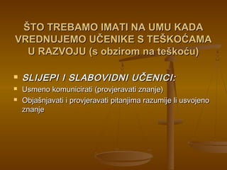 ŠTO TREBAMO IMATI NA UMU KADAŠTO TREBAMO IMATI NA UMU KADA
VREDNUJEMO UČENIKE S TEŠKOĆAMAVREDNUJEMO UČENIKE S TEŠKOĆAMA
U RAZVOJU (s obzirom na teškoću)U RAZVOJU (s obzirom na teškoću)
 SLIJEPI I SLABOVIDNI UČENICI:SLIJEPI I SLABOVIDNI UČENICI:
 Usmeno komunicirati (provjeravati znanje)Usmeno komunicirati (provjeravati znanje)
 Objašnjavati i provjeravati pitanjima razumije li usvojenoObjašnjavati i provjeravati pitanjima razumije li usvojeno
znanjeznanje
 