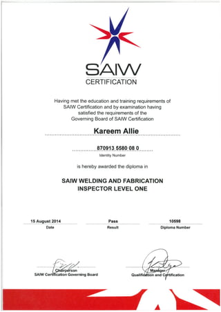 Kareem Allie SAIW Level I Certificate