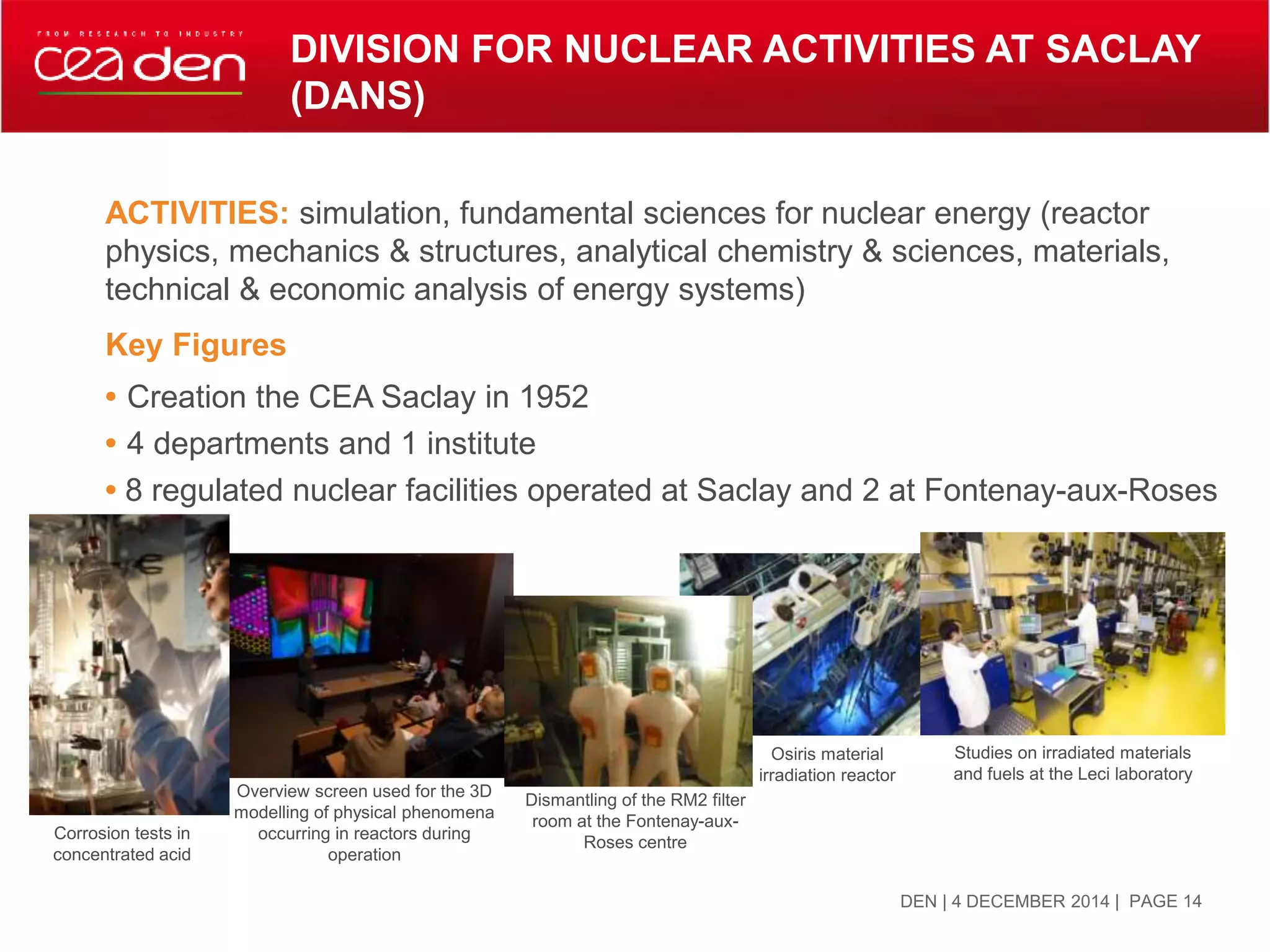 DIVISION FOR NUCLEAR ACTIVITIES AT SACLAY
(DANS)
ACTIVITIES: simulation, fundamental sciences for nuclear energy (reactor
physics, mechanics & structures, analytical chemistry & sciences, materials,
technical & economic analysis of energy systems)
Key Figures
• Creation the CEA Saclay in 1952
• 4 departments and 1 institute
• 8 regulated nuclear facilities operated at Saclay and 2 at Fontenay-aux-Roses
| PAGE 14DEN | 4 DECEMBER 2014
Overview screen used for the 3D
modelling of physical phenomena
occurring in reactors during
operation
Osiris material
irradiation reactor
Dismantling of the RM2 filter
room at the Fontenay-aux-
Roses centre
Corrosion tests in
concentrated acid
Studies on irradiated materials
and fuels at the Leci laboratory
 