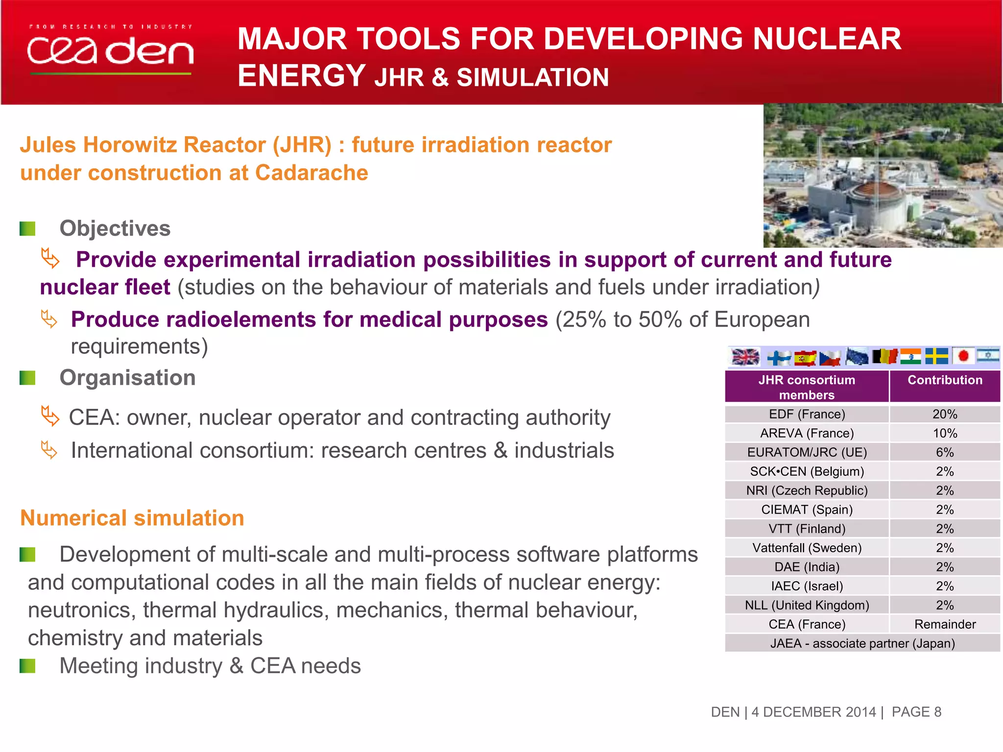 Jules Horowitz Reactor (JHR) : future irradiation reactor
under construction at Cadarache
Objectives
 Provide experimental irradiation possibilities in support of current and future
nuclear fleet (studies on the behaviour of materials and fuels under irradiation)
 Produce radioelements for medical purposes (25% to 50% of European
requirements)
Organisation
 CEA: owner, nuclear operator and contracting authority
 International consortium: research centres & industrials
Numerical simulation
Development of multi-scale and multi-process software platforms
and computational codes in all the main fields of nuclear energy:
neutronics, thermal hydraulics, mechanics, thermal behaviour,
chemistry and materials
Meeting industry & CEA needs
| PAGE 8DEN | 4 DECEMBER 2014
JHR consortium
members
Contribution
EDF (France) 20%
AREVA (France) 10%
EURATOM/JRC (UE) 6%
SCK•CEN (Belgium) 2%
NRI (Czech Republic) 2%
CIEMAT (Spain) 2%
VTT (Finland) 2%
Vattenfall (Sweden) 2%
DAE (India) 2%
IAEC (Israel) 2%
NLL (United Kingdom) 2%
CEA (France) Remainder
JAEA - associate partner (Japan)
MAJOR TOOLS FOR DEVELOPING NUCLEAR
ENERGY JHR & SIMULATION
 