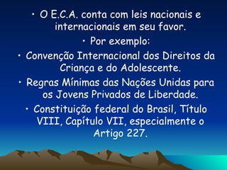O E.C.A. conta com leis nacionais e internacionais em seu favor. Por exemplo: Convenção Internacional dos Direitos da Criança e do Adolescente. Regras Mínimas das Nações Unidas para os Jovens Privados de Liberdade. Constituição federal do Brasil, Título VIII, Capítulo VII, especialmente o Artigo 227. 