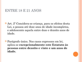 ENTRE 18 E 21 ANOS


   Art. 2º Considera-se criança, para os efeitos desta
    Lei, a pessoa até doze anos de idade incompletos,
    e adolescente aquela entre doze e dezoito anos de
    idade.

   Parágrafo único. Nos casos expressos em lei,
    aplica-se excepcionalmente este Estatuto às
    pessoas entre dezoito e vinte e um anos de
    idade.
 