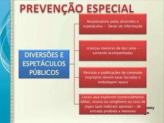 Responsáveis pelas diversões e
                espetáculos - Dever de informação




                  crianças menores de dez anos –

 DIVERSÕES E          somente acompanhadas


ESPETÁCULOS
  PÚBLICOS      Revistas e publicações de conteúdo
                 impróprio devem estar lacradas e
                         embalagem opaca



                Locais que explorem comercialmente
               bilhar, sinuca ou congênere ou casa de
                  jogos (que realizam apostas) - de
                     entrada proibida a menores
 