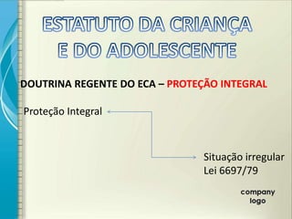 DOUTRINA REGENTE DO ECA – PROTEÇÃO INTEGRAL

Proteção Integral



                               Situação irregular
                               Lei 6697/79
 