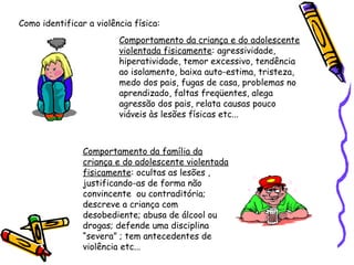 Como identificar a violência física:
Comportamento da criança e do adolescente
violentada fisicamente: agressividade,
hiperatividade, temor excessivo, tendência
ao isolamento, baixa auto-estima, tristeza,
medo dos pais, fugas de casa, problemas no
aprendizado, faltas freqüentes, alega
agressão dos pais, relata causas pouco
viáveis às lesões físicas etc...

Comportamento da família da
criança e do adolescente violentada
fisicamente: ocultas as lesões ,
justificando-as de forma não
convincente ou contraditória;
descreve a criança com
desobediente; abusa de álcool ou
drogas; defende uma disciplina
“severa” ; tem antecedentes de
violência etc...

 