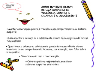 FIQUE DE
OLHO!

COMO INTERVIR DIANTE
DE UMA SUSPEITA DE
VIOLÊNCIA CONTRA A
CRIANÇA E O ADOLESCENTE

• Manter observação quanto à freqüência do comportamento ou sintoma
suspeito;
• Não abordar a criança ou o adolescente diante dos colegas ou de outros
funcionários;
• Questionar a criança ou adolescente quando às causas diante de um
hematoma ou um comportamento incomum, por exemplo, sem falar sobre
as suspeitas;
• Discutir o caso com a coordenação;
• Ouvir os pais ou responsáveis, sem falar
sobre as suspeitas existentes;

 