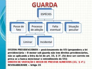 ESPÉCIES

Posse de
fato

Processo
de adoção

Liminar

Falta
eventual

Situação
peculiar

Incidental

EFEITOS PREVIDENCIÁRIOS – posicionamento do STJ (prepondera a lei
previdenciária – O menor sob guarda não tem direitos previdenciários,
não se aplicando a letra da lei do art. 33, § 3º. (Só deve ser correto em
prova se a banca mencionar o entendimento do STJ)
DIREITO DE VISITAÇÃO E DEVER DE PRESTAR ALIMENTOS (33,´§ 4º.)
REVOGABILIDADE – Artigo 35

 
