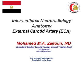 Interventional Neuroradiology
Anatomy
External Carotid Artery (ECA)
Mohamed M.A. Zaitoun, MD
Interventional Radiology Consultant, Zagazig University Hospitals, Egypt
FINR-Switzerland
zaitoun82@gmail.com
Interventional Radiology Unit,
Zagazig University, Egypt
 