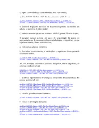 c) suprir a capacidade ou o consentimento para o casamento;
Ap. Cível 20.978-0/9 – São Paulo - TJSP – Rel. Des. Lair Loureiro – j. 12/01/95 – v.u.
Ap. Cível 30.008-0/1 - Campinas - TJSP – Rel. Des. Prado de Toledo – j. 31/10/96 – v.u.
Ap. Cível 47.570-0/4 - Ourinhos - TJSP – Rel. Des. Rebouças de Carvalho – j. 25/02/99 – v.u.
d) conhecer de pedidos baseados em discordância paterna ou materna, em
relação ao exercício do pátrio poder;
e) conceder a emancipação, nos termos da lei civil, quando faltarem os pais;
f) designar curador especial em casos de apresentação de queixa ou
representação, ou de outros procedimentos judiciais ou extrajudiciais em que
haja interesses de criança ou adolescente;
g) conhecer de ações de alimentos;
h) determinar o cancelamento, a retificação e o suprimento dos registros de
nascimento e óbito.
AI 31.223-0 - TJSP – Rel. Des. Cerqueira Leite – j. 20/06/96 – v.u.
Ap. Cível 35.488-0/7 - Barretos - TJSP – Rel. Des. Luis de Macedo – j. 09/01/97 – v.u.
Art. 149. Compete à autoridade judiciária disciplinar, através de portaria, ou
autorizar, mediante alvará:
RMS 1.343-0 - TJSP – STJ - Rel. Min. Barros Monteiro – j. 11/04/94 – v.u.
MS 57.068-0/1 – São Paulo - TJSP – Rel. Des. Djalma Lofrano – j. 07/01/99 – v.u.
Ap. Cível 65.094-0/3 – Santos - TJSP – Rel. Des. Gentil Leite – j. 19/10/00 – v.u.
I - a entrada e permanência de criança ou adolescente, desacompanhado dos
pais ou responsável, em:
Ap. Cível 31.027-0/5 – Mogi Guaçu - TJSP – Rel. Des. Oliveira Passos – j. 14/11/96 – v.u.
Ap. Cível 31.028-0/0 – Mogi Guaçu - TJSP – Rel. Des. Pereira da Silva – j. 12/12/96 – v.u.
Ap. Cível 68.592-0/8 – São Paulo - TJSP – Rel. Des. Gentil Leite – j. 18/01/01 – v.u.
Ap. Cível 69.223-0/2 – Mogi Guaçu - TJSP – Rel. Des. Gentil Leite – j. 02/02/01 – v.u.
a) estádio, ginásio e campo desportivo;
Ap. Cível 29.568-0/3 – São Paulo - TJSP – Rel. Des. Cerqueira Leite – j. 05/12/96 – v.u.
b) bailes ou promoções dançantes;
Ap. Cível 31.304-0/0 – Santos - TJSP – Rel. Des. Oliveira Passos – j. 14/11/96 – v.u.
Ap. Cível 67.390-0/9 - Birigui - TJSP – Rel. Des. Gentil Leite – j. 14/12/00 – v.u.
Ap. Cível 68.581-0/8 – Campinas - TJSP – Rel. Des. Gentil Leite – j. 18/01/01 – v.u.
Ap. Cível 66.323-0/7 – São Bernardo do Campo - TJSP – Rel. Des. Álvaro Lazzarini – j. 22/03/01 –
v.u.
Ap. Cível 24.323-0/0 - Guarujá - TJSP – Rel. Des. Nigro Conceição – j. 30/05/01 – v.u.
 