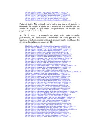 Ap. Cível 28.082-0/8 – Osasco – TJSP – Rel. Des. Ney Almada – j. 11/01/96 – v.u.
Ap. Cível 28.993-0/5 – Campinas – TJSP – Rel. Des. Ney Almada – j. 15/02/96 – v.u.
Ap. Cível 31.241-0/1 – São Paulo – TJSP – Rel. Des. Cunha Bueno – j. 29/08/96 – v.u.
Ap. Cível 48.039-0/9 – Lins – TJSP – Rel. Des. Oetterer Guedes – j. 24/06/99 – v.u.
Ap. Cível 76.369-0/4 – Ipuã – TJSP – Rel. Des. Fábio Quadros – j. 22/01/01 – v.u.
Ap. Cível 75.697-0/3 – Sorocaba – TJSP – Rel. Des. Fábio Quadros – j. 02/04/01 – v.u.
Parágrafo único. Não existindo outro motivo que por si só autorize a
decretação da medida, a criança ou o adolescente será mantido em sua
família de origem, a qual deverá obrigatoriamente ser incluída em
programas oficiais de auxílio.
Art. 24. A perda e a suspensão do pátrio poder serão decretadas
judicialmente, em procedimento contraditório, nos casos previstos na
legislação civil, bem como na hipótese de descumprimento injustificado dos
deveres e obrigações a que alude o art. 22.
REsp 158.920 – São Paulo – STJ – Rel. Min. Sálvio de Figueiredo – j. 23/03/99 – v.u.
Ap. Cível 24.293-0/1 – Ourinhos – TJSP – Rel. Des. Yussef Cahali – j. 23/03/95 – v.u.
Ap. Cível 24.291-0/2 – Buritama – TJSP – Rel. Des. Nigro Conceição – j. 21/09/95 – v.u.
Ap. Cível 24.498-0/7 – São Paulo – TJSP – Rel. Des. Yussef Cahali – j. 13/07/95 – v.u.
Ap. Cível 25.860-0/7 – Atibaia – TJSP – Rel. Des. Carlos Ortiz – j. 14/09/95 – v.u.
Ap. Cível 28.279-0/7 – Santo André – TJSP – Rel. Des. Yussef Cahali – j. 09/11/95 – v.u.
Ap. Cível 23.872-0/7 – Campinas – TJSP – Rel. Des. Yussef Cahali – j. 18/01/96 – v.u.
Ap. Cível 28.006-0/2 – São Paulo – TJSP – Rel. Des. Prado de Toledo – j. 25/07/96 – v.u.
Ap. Cível 27.362-0/9 – Jaboticabal – TJSP – Rel. Des. Dirceu de Mello – j. 15/08/96 – v.u.
Ap. Cível 29.911-0/0 – Mauá – TJSP – Rel. Des. Oliveira Passos – j. 12/09/96 – v.u.
Ap. Cível 30.271-0/7 – São Paulo – TJSP – Rel. Des. Oliveira Passos – j. 12/09/96 – v.u.
Ap. Cível 29.320-0/2 – Capivari – TJSP – Rel. Des. Cerqueira Leite – j. 05/12/96 – v.u.
Ap. Cível 35.346-0/0 – Marília – TJSP – Rel. Des. Silva Leme – j. 16/01/97 – v.u.
Ap. Cível 35.052-0/8 – Santa Bárbara D’Oeste – TJSP – Rel. Des. Carlos Ortiz – j. 06/03/97 – v.u.
Ap. Cível 33.946-0/3 – Dracena – TJSP – Rel. Des. Pereira da Silva – j. 06/07/97 – v.u.
Ap. Cível 38.668-0/0 – Brotas – TJSP – Rel. Des. Luis de Macedo – j. 14/08/97 – v.u.
Ap. Cível 43.298-0/3 – Leme – TJSP – Rel. Des. Cunha Bueno – j. 12/11/98 – v.u.
Ap. Cível 46.321-0/1 – Santa Rosa do Viterbo – TJSP – Rel. Des. Rebouças de Carvalho – j. 25/02/99 – v.u.
AI 46.265-0/5 – Serra Negra – TJSP – Rel. Des. Cunha Bueno – j. 11/03/99 – v.u.
Ap. Cível 45.556-0/6 – São Paulo – TJSP – Rel. Des. Cunha Bueno – j. 15/04/99 – v.u.
Ap. Cível 47.842-0/6 – Jundiaí – TJSP – Rel. Des. Oetterer Guedes – j. 24/06/99 – v.u.
Ap. Cível 48.039-0/9 – Lins – TJSP – Rel. Des. Oetterer Guedes – j. 24/06/99 – v.u.
Ap. Cível 63.371-0/3 – Franca – TJSP – Rel. Des. Nuevo Campos – j. 06/04/00 – v.u.
Ap. Cível 66.321-0/8 – São Paulo – TJSP – Rel. Des. Hermes Pinotti – j. 27/04/00 – m.u.
Ap. Cível 68.461-0/0 – São Paulo – TJSP – Rel. Des. Nuevo Campos – j. 09/10/00 – v.u.
Ap. Cível 73.126-0/4 – Guararema – TJSP – Rel. Des. Fábio Quadros – j. 16/10/00 – v.u.
Ap. Cível 73.025-0/3 – Cotia – TJSP – Rel. Des. Sérgio Gomes – j. 23/10/00 – v.u.
Ap. Cível 73.202-0/1 – Sorocaba – TJSP – Rel. Des. Sérgio Gomes – j. 23/10/00 – v.u.
Ap. Cível 74.828-0/5 – Capivari – TJSP – Rel. Des. Sérgio Gomes – j. 23/10/00 – v.u.
Ap. Cível 73.131-0/7 – Franca – TJSP – Rel. Des. Nuevo Campos – j. 13/11/00 – v.u.
Ap. Cível 73.427-0/8 – São Joaquim da Barra – TJSP – Rel. Des. Nuevo Campos – j. 13/11/00 – v.u.
Ap. Cível 74.241-0/6 – São Jose do Rio Pardo – TJSP – Rel. Des. Nuevo Campos – j. 13/11/00 – v.u.
Ap. Cível 74.589-0/3 – São Paulo – TJSP – Rel. Des. Nuevo Campos – j. 13/11/00 – v.u.
Ap. Cível 73.685-0/4 – Araraquara – TJSP – Rel. Des. Fábio Quadros – j. 20/11/00 – v.u.
Ap. Cível 74.991-0/8 – Campos do Jordão – TJSP – Rel. Des. Fábio Quadros – j. 20/11/00 – v.u.
Ap. Cível 74.084-0/9 – Lençóis Paulista – TJSP – Rel. Des. Nuevo Campos – j. 11/12/00 – v.u.
Ap. Cível 75.099-0/4 – Marília – TJSP – Rel. Des. Nuevo Campos – j. 11/12/00 – v.u.
Ap. Cível 75.365-0/9 – Cajuru – TJSP – Rel. Des. Nuevo Campos – j. 11/12/00 – v.u.
Ap. Cível 72.876-0/9 – São Paulo – TJSP – Rel. Des. Fábio Quadros – j. 18/12/00 – v.u.
Ap. Cível 75.387-0/9 – Pilar do Sul – TJSP – Rel. Des. Fábio Quadros – j. 18/12/00 – v.u.
Ap. Cível 75.694-0/0 – São Jose do Rio Preto – TJSP – Rel. Des. Gentil Leite – j. 21/12/00 – v.u.
Ap. Cível 77.121-0/0 – Fernandópolis – TJSP – Rel. Des. Gentil Leite – j. 04/01/01 – v.u.
Ap. Cível 75.363-0/0 – São Jose do Rio Preto – TJSP – Rel. Des. Sérgio Gomes – j. 08/01/01 – v.u.
Ap. Cível 75.787-0/4 – Salto – TJSP – Rel. Des. Sérgio Gomes – j. 08/01/01 – v.u.
Ap. Cível 76.496-0/3 – Brotas – TJSP – Rel. Des. Sérgio Gomes – j. 08/01/01 – v.u.
Ap. Cível 75.376-0/9 – Indaiatuba – TJSP – Rel. Des. Jesus Lofrano – j. 15/01/01 – v.u.
Ap. Cível 75.375-0/4 – Cotia – TJSP – Rel. Des. Fábio Quadros – j. 22/01/01 – v.u.
Ap. Cível 76.126-0/6 – Campinas – TJSP – Rel. Des. Fábio Quadros – j. 19/02/01 – v.u.
 