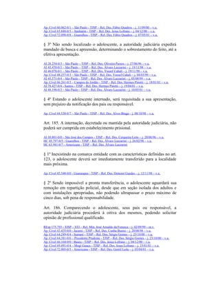 Ap. Cível 60.062-0/1 – São Paulo - TJSP – Rel. Des. Fábio Quadros – j. 11/09/00 – v.u.
Ap. Cível 65.848-0/5 – Itanhaém - TJSP – Rel. Des. Jesus Lofrano – j. 04/12/00 – v.u.
Ap. Cível 72.098-0/8 – Guarulhos - TJSP – Rel. Des. Fábio Quadros – j. 07/05/01 – v.u.
§ 3º Não sendo localizado o adolescente, a autoridade judiciária expedirá
mandado de busca e apreensão, determinando o sobrestamento do feito, até a
efetiva apresentação.
AI 28.254-0/3 – São Paulo – TJSP – Rel. Des. Oliveira Passos – j. 27/06/96 – v.u.
AI 45.470-0/3 – São Paulo – TJSP – Rel. Des. Álvaro Lazzarini – j. 19/11/98 – v.u.
AI 46.078-0/1 – São Paulo – TJSP – Rel. Des. Yussef Cahali – j. 19/11/98 – v.u.
Ap. Cível 48.257-0/3 – São Paulo - TJSP – Rel. Des. Yussef Cahali – j. 04/03/99 – v.u.
AI 45.571-0/4 – São Paulo - TJSP – Rel. Des. Álvaro Lazzarini – j. 05/08/99 – v.u.
Ap. Cível 66.261-0/3 – Campos do Jordão - TJSP – Rel. Des. Hermes Pinotti – j. 18/01/01 – v.u.
AI 78.427-0/4 - Santos - TJSP – Rel. Des. Hermes Pinotti – j. 19/04/01 – v.u.
AI 48.198-0/3 – São Paulo - TJSP – Rel. Des. Álvaro Lazzarini – j. 10/05/01 – v.u.
§ 4º Estando o adolescente internado, será requisitada a sua apresentação,
sem prejuízo da notificação dos pais ou responsável.
Ap. Cível 44.538-0/7 – São Paulo - TJSP – Rel. Des. Alves Braga – j. 08/10/98 – v.u.
Art. 185. A internação, decretada ou mantida pela autoridade judiciária, não
poderá ser cumprida em estabelecimento prisional.
AI 30.801-0/0 – São José dos Campos - TJSP – Rel. Des. Cerqueira Leite – j. 20/06/96 – v.u.
HC 45.797-0/5 - Guarulhos - TJSP – Rel. Des. Álvaro Lazzarini – j. 26/02/98 – v.u.
HC 63.981-0/7 - Americana - TJSP – Rel. Des. Álvaro Lazzarini
§ 1º Inexistindo na comarca entidade com as características definidas no art.
123, o adolescente deverá ser imediatamente transferido para a localidade
mais próxima.
Ap. Cível 45.548-0/0 - Guararapes - TJSP – Rel. Des. Oetterer Guedes – j. 12/11/98 – v.u.
§ 2º Sendo impossível a pronta transferência, o adolescente aguardará sua
remoção em repartição policial, desde que em seção isolada dos adultos e
com instalações apropriadas, não podendo ultrapassar o prazo máximo de
cinco dias, sob pena de responsabilidade.
Art. 186. Comparecendo o adolescente, seus pais ou responsável, a
autoridade judiciária procederá à oitiva dos mesmos, podendo solicitar
opinião de profissional qualificado.
REsp 175.793 - TJSP – STJ – Rel. Min. José Arnaldo da Fonseca – j. 02/09/99 – m.v.
Ap. Cível 43.435-0/0 - Jacareí - TJSP – Rel. Des. Cunha Bueno – j. 20/08/98 – v.u.
Ap. Cível 64.249-0/4 - Sumaré - TJSP – Rel. Des. Sérgio Gomes – j. 23/10/00 – v.u.
Ap. Cível 64.381-0/6 – Presidente Prudente - TJSP – Rel. Des. Sérgio Gomes – j. 23/10/00 – v.u.
Ap. Cível 66.164-0/0 - Bauru - TJSP – Rel. Des. Jesus Lofrano – j. 04/12/00 – v.u.
Ap. Cível 69.491-0/4 – Mogi Guaçu - TJSP – Rel. Des. Jesus Lofrano – j. 15/01/01 – v.u.
Ap. Cível 72.005-0/5 - Americana - TJSP – Rel. Des. Gentil Leite – j. 05/04/01 – v.u.
 