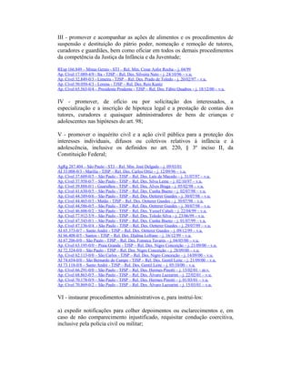 III - promover e acompanhar as ações de alimentos e os procedimentos de
suspensão e destituição do pátrio poder, nomeação e remoção de tutores,
curadores e guardiães, bem como oficiar em todos os demais procedimentos
da competência da Justiça da Infância e da Juventude;
REsp 166.849 – Minas Gerais - STJ – Rel. Min. Cesar Asfor Rocha – j. 04/99
Ap. Cível 17.089-4/9 - Itu - TJSP – Rel. Des. Silveira Neto – j. 24/10/96 – v.u.
Ap. Cível 32.849-0/3 - Limeira - TJSP – Rel. Des. Prado de Toledo – j. 20/02/97 – v.u.
Ap. Cível 50.050-4/3 - Lorena - TJSP – Rel. Des. Reis Kuntz
Ap. Cível 65.563-0/4 – Presidente Prudente - TJSP – Rel. Des. Fábio Quadros – j. 18/12/00 – v.u.
IV - promover, de ofício ou por solicitação dos interessados, a
especialização e a inscrição de hipoteca legal e a prestação de contas dos
tutores, curadores e quaisquer administradores de bens de crianças e
adolescentes nas hipóteses do art. 98;
V - promover o inquérito civil e a ação civil pública para a proteção dos
interesses individuais, difusos ou coletivos relativos à infância e à
adolescência, inclusive os definidos no art. 220, § 3º inciso II, da
Constituição Federal;
AgRg 287.404 – São Paulo - STJ – Rel. Min. José Delgado – j. 09/03/01
AI 33.008-0/3 - Marília - TJSP – Rel. Des. Carlos Ortiz – j. 12/09/96 – v.u.
Ap. Cível 37.609-0/5 – São Paulo - TJSP – Rel. Des. Luís de Macedo – j. 31/07/97 – v.u.
Ap. Cível 37.958-0/7 – São Paulo - TJSP – Rel. Des. Silva Leme – j. 02/10/97 – v.u.
Ap. Cível 39.888-0/1 - Guarulhos - TJSP – Rel. Des. Alves Braga – j. 05/02/98 – v.u.
Ap. Cível 41.630-0/5 – São Paulo - TJSP – Rel. Des. Cunha Bueno – j. 02/07/98 – v.u.
Ap. Cível 44.389-0/6 – São Paulo - TJSP – Rel. Des. Oetterer Guedes – j. 30/07/98 – v.u.
Ap. Cível 44.465-0/3 - Matão - TJSP – Rel. Des. Oetterer Guedes – j. 30/07/98 – v.u.
Ap. Cível 44.586-0/5 – São Paulo - TJSP – Rel. Des. Oetterer Guedes – j. 30/07/98 – v.u.
Ap. Cível 46.606-0/2 – São Paulo - TJSP – Rel. Des. Yussef Cahali – j. 22/04/99 – v.u.
Ap. Cível 77.912-5/9 – São Paulo - TJSP – Rel. Des. Toledo Silva – j. 23/06/99 – v.u.
Ap. Cível 47.543-0/1 – São Paulo - TJSP – Rel. Des. Cunha Bueno – j. 01/07/99 – v.u.
Ap. Cível 47.136-0/4 - São Paulo - TJSP – Rel. Des. Oetterer Guedes – j. 29/07/99 – v.u.
AI 65.373-0/7 – Santo André - TJSP – Rel. Des. Oetterer Guedes – j. 09/12/99 – v.u.
AI 66.408-0/5 - Santos - TJSP – Rel. Des. Djalma Lofrano – j. 16/12/99 – v.u.
AI 67.206-0/0 – São Paulo - TJSP – Rel. Des. Fonseca Tavares – j. 04/05/00 – v.u.
Ap. Cível 63.195-0/0 – Praia Grande - TJSP – Rel. Des. Nigro Conceição – j. 21/09/00 – v.u.
AI 72.324-0/0 – São Paulo - TJSP – Rel. Des. Nigro Conceição – j. 28/09/00 – v.u.
Ap. Cível 62.113-0/0 – São Carlos - TJSP – Rel. Des. Nigro Conceição – j. 14/09/00 – v.u.
AI 74.654-0/0 – São Bernardo do Campo - TJSP – Rel. Des. Gentil Leite – j. 21/09/00 – v.u.
AI 73.118-0/8 – Santo André - TJSP – Rel. Des. Gentil Leite – j. 05/10/00 – v.u.
Ap. Cível 66.291-0/0 – São Paulo - TJSP – Rel. Des. Hermes Pinotti – j. 15/02/01 – m.v.
Ap. Cível 68.863-0/5 – São Paulo - TJSP – Rel. Des. Álvaro Lazzarini – j. 22/02/01 – v.u.
Ap. Cível 70.178-0/9 – São Paulo - TJSP – Rel. Des. Hermes Pinotti – j. 01/03/01 – v.u.
Ap. Cível 70.869-0/2 – São Paulo - TJSP – Rel. Des. Álvaro Lazzarini – j. 15/03/01 – v.u.
VI - instaurar procedimentos administrativos e, para instruí-los:
a) expedir notificações para colher depoimentos ou esclarecimentos e, em
caso de não comparecimento injustificado, requisitar condução coercitiva,
inclusive pela polícia civil ou militar;
 