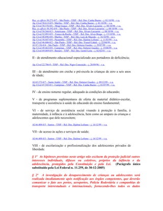Rec. ex officio 50.271-0/7 – São Paulo - TJSP – Rel. Des. Cunha Bueno – j. 01/10/98 – v.u.
Ap. Cível 50.613-0/9 - Marília - TJSP – Rel. Des. Cunha Bueno – j. 01/10/98 – v.u.
Ap. Cível 50.376-0/6 – Mogi Guaçu - TJSP – Rel. Des. Álvaro Lazzarini – j. 08/10/98 – v.u.
Rec. ex officio 50.392-0/9 – São Paulo - TJSP – Rel. Des. Álvaro Lazzarini – j. 08/10/98 – v.u.
Ap. Cível 50.566-0/3 - Americana - TJSP – Rel. Des. Álvaro Lazzarini – j. 08/10/98 – v.u.
Ap. Cível 52.093-0/9 – Franco da Rocha - TJSP – Rel. Des. Alves Braga – j. 15/10/98 – v.u.
Ap. Cível 40.896-0/0 - Marília - TJSP – Rel. Des. Luís de Macedo – j. 16/10/98 – m.v.
Ap. Cível 50.447-0/0 - Pacaembú - TJSP – Rel. Des. Djalma Lofrano – j. 11/03/99 – v.u.
Ap. Cível 46.606-0/2 – São Paulo - TJSP – Rel. Des. Yussef Cahali – j. 22/04/99 – v.u.
AI 47.136-0/4 – São Paulo - TJSP – Rel. Des. Oetterer Guedes – j. 29/07/99 – v.u.
Ap. Cível 49.463-0/0 - Campinas - TJSP – Rel. Des. Oetterer Guedes – j. 19/08/99 – v.u.
Ap. Cível 69.069-0/9 - Barueri - TJSP – Rel. Des. Gentil Leite – j. 02/02/01 – v.u.
II - de atendimento educacional especializado aos portadores de deficiência;
Ap. Cível 22.786-0 - TJSP – Rel. Des. Nigro Conceição – j. 26/09/96 – v.u.
III - de atendimento em creche e pré-escola às crianças de zero a seis anos
de idade;
AI 65.373-0/7 – Santo André - TJSP – Rel. Des. Oetterer Guedes – j. 09/12/99 – v.u.
Ap. Cível 47.543-0/1 - Campinas - TJSP – Rel. Des. Cunha Bueno – j. 01/07/99 – v.u.
IV - de ensino noturno regular, adequado às condições do educando;
V - de programas suplementares de oferta de material didático-escolar,
transporte e assistência à saúde do educando do ensino fundamental;
VI - de serviço de assistência social visando à proteção à família, à
maternidade, à infância e à adolescência, bem como ao amparo às crianças e
adolescentes que dele necessitem;
AI 66.408-0/5 - Santos - TJSP – Rel. Des. Djalma Lofrano – j. 16/12/99 – v.u.
VII - de acesso às ações e serviços de saúde;
AI 66.408-0/5 - Santos - TJSP – Rel. Des. Djalma Lofrano – j. 16/12/99 – v.u.
VIII - de escolarização e profissionalização dos adolescentes privados de
liberdade.
§ 1º As hipóteses previstas neste artigo não excluem da proteção judicial outros
interesses individuais, difusos ou coletivos, próprios da infância e da
adolescência, protegidos pela Constituição e pela Lei. (Parágrafo único
substituído pela Lei Federal n. 11.259, de 30-12-2005)
§ 2º A investigação do desaparecimento de crianças ou adolescentes será
realizada imediatamente após notificação aos órgãos competentes, que deverão
comunicar o fato aos portos, aeroportos, Polícia Rodoviária e companhias de
transporte interestaduais e internacionais, fornecendo-lhes todos os dados
 