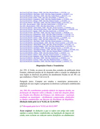 Ap. Cível 31.827-0/6 - Osasco - TJSP – Rel. Des. Oliveira Passos – j. 19/12/96 – v.u.
Ap. Cível 38.590-0/4 – São Paulo - TJSP – Rel. Des. Nigro Conceição – j. 26/06/97 – v.u.
Ap. Cível 40.329-0/4 – São Paulo - TJSP – Rel. Des. Cunha Bueno – j. 06/11/97 – v.u.
Ap. Cível 43.733-0/0 - Embu - TJSP – Rel. Des. Alves Braga – j. 10/09/98 – v.u.
Ap. Cível 43.526-0/5 - Catanduva - TJSP – Rel. Des. Oetterer Guedes – j. 15/10/98 – v.u.
Ap. Cível 43.615-0/1 - Birigui - TJSP – Rel. Des. Oetterer Guedes – j. 22/10/98 – v.u.
Ap. Cível 45.786-0/5 – São Paulo - TJSP – Rel. Des. Oetterer Guedes – j. 05/11/98 – v.u.
Ap. 1.438 – Rio de Janeiro - TJRJ – Rel. Des. Carlos Ferrari – j. 25/02/99 – v.u.
Ap. 1264 – Rio de Janeiro - TJRJ – Rel. Des. Semy Glanz – j. 11/03/99 – v.u.
Ap. Cível 47.205-0/0 – Santo André - TJSP – Rel. Des. Álvaro Lazzarini – j. 22/04/99 – v.u.
Ap. Cível 45.785-0/0 – São José do Rio Preto - TJSP – Rel. Des. Cunha Bueno – j. 18/03/99 – v.u.
Ap. Cível 56.213-0/7 - Iguape - TJSP – Rel. Des. Gentil Leite – j. 25/05/00 – v.u.
Ap. Cível 56.757-0/9 – São Paulo - TJSP – Rel. Des. Nigro Conceição – j. 08/06/00 – v.u.
Ap. Cível 58.411-0/5 - Pitangueiras - TJSP – Rel. Des. Nigro Conceição – j. 13/07/00 – v.u.
Ap. Cível 58.465-0/0 - Pitangueiras - TJSP – Rel. Des. Nigro Conceição – j. 13/07/00 – v.u.
Ap. Cível 62.365-0/9 - Santos - TJSP – Rel. Des. Nigro Conceição – j. 21/09/00 – v.u.
Ap. Cível 63.847-0/6 - Santos - TJSP – Rel. Des. Gentil Leite – j. 05/10/00 – v.u.
Ap. Cível 64.207-0/3 – São Paulo - TJSP – Rel. Des. Álvaro Lazzarini – j. 23/11/00 – v.u.
Ap. Cível 66.028-0/0 – General Salgado - TJSP – Rel. Des. Álvaro Lazzarini – j. 07/12/00 – v.u.
Ap. Cível 66.241-0/2 – Mogi Mirim - TJSP – Rel. Des. Álvaro Lazzarini – j. 07/12/00 – v.u.
Ap. Cível 65.801-0/1 – General Salgado - TJSP – Rel. Des. Hermes Pinotti – j. 14/12/00 – v.u.
Ap. Cível 65.933-0/3 - Auriflama - TJSP – Rel. Des. Fonseca Tavares – j. 14/12/00 – v.u.
Ap. Cível 66.703-0/1 – Presidente Prudente - TJSP – Rel. Des. Nigro Conceição – j. 14/12/00 – m.v.
Ap. Cível 68.332-0/2 – Mogi Mirim - TJSP – Rel. Des. Hermes Pinotti – j. 02/02/01 – v.u.
Ap. Cível 69.330-0/0 - Atibaia - TJSP – Rel. Des. Hermes Pinotti – j. 22/02/01 – v.u.
Ap. Cível 57.505-0/7 - Santos - TJSP – Rel. Des. Álvaro Lazzarini – j. 15/03/01 – v.u.
Ap. Cível 68.331-0/8 - Itanhaém - TJSP – Rel. Des. Mohamed Amaro – j. 22/03/01 – v.u.
Ap. Cível 72.568-0/3 – São Paulo - TJSP – Rel. Des. Gentil Leite – j. 05/04/01 – v.u.
Ap. Cível 70.146-0/3 - Limeira - TJSP – Rel. Des. Mohamed Amaro – j. 19/04/01 – v.u.
Ap. Cível 66.432-0/4 - Guarulhos - TJSP – Rel. Des. Nigro Conceição – j. 10/05/01 – v.u.
Disposições Finais e Transitórias
Art. 259. A União, no prazo de noventa dias contados da publicação deste
Estatuto, elaborará projeto de lei dispondo sobre a criação ou adaptação de
seus órgãos às diretrizes da política de atendimento fixadas no art. 88 e ao
que estabelece o Título V do Livro II.
Parágrafo único. Compete aos estados e municípios promoverem a
adaptação de seus órgãos e programas às diretrizes e princípios estabelecidos
nesta Lei.
Art. 260. Os contribuintes poderão deduzir do imposto devido, na
declaração do Imposto sobre a Renda, o total das doações feitas
aos Fundos dos Direitos da Criança e do Adolescente - nacional,
estaduais ou municipais - devidamente comprovadas, obedecidos
os limites estabelecidos em Decreto do Presidente da República.
(Redação dada pela Lei nº 8.242, de 12.10.1991)
§ 1º Revogado pela Lei nº 9.532, de 10.12.1997
Texto original: As deduções a que se refere este artigo não estão
sujeitas a outros limites estabelecidos na legislação do imposto de
renda, nem excluem ou reduzem outros benefícios ou abatimentos
 