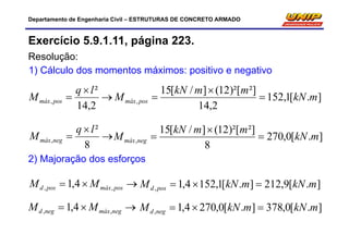 Departamento de Engenharia Civil – ESTRUTURAS DE CONCRETO ARMADO
Exercício 5.9.1.11, página 223.
Resolução:
1) Cálculo dos momentos máximos: positivo e negativo



2,14
²
,
lq
M posmáx



8
²
,
lq
M negmáx
].[1,152
2,14
²])²[12(]/[15
, mkN
mmkN
M posmáx 


].[0,270
8
²])²[12(]/[15
, mkN
mmkN
M negmáx 


2) Majoração dos esforços
 posmáxposd MM ,, 4,1 ].[9,212].[1,1524,1, mkNmkNM posd 
].[0,378].[0,2704,1, mkNmkNM negd  negmáxnegd MM ,, 4,1
 