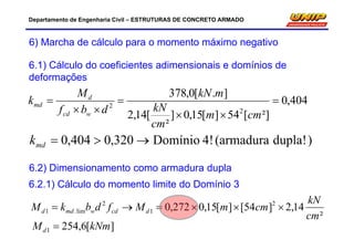 Departamento de Engenharia Civil – ESTRUTURAS DE CONCRETO ARMADO
6.1) Cálculo do coeficientes adimensionais e domínios de
deformações
404,0
²][54][15,0]
²
[14,2
].[0,378
2
2





cmm
cm
kN
mkN
dbf
M
k
wcd
d
md
)dupla!(armadura4!Domínio320,0404,0 mdk
6) Marcha de cálculo para o momento máximo negativo
6.2) Dimensionamento como armadura dupla
6.2.1) Cálculo do momento limite do Domínio 3
 cdwmdd fdbkM 2
lim.1
²
14,2]54[][15,0272,0 2
1
cm
kN
cmmMd 
][6,2541 kNmMd 
 