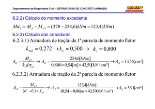 Departamento de Engenharia Civil – ESTRUTURAS DE CONCRETO ARMADO
6.2.2) Cálculo do momento excedente
)(4,123)6,254378(12 kNmkNmMMMd dd 
6.2.3) Cálculo das armaduras
fletormomentodeparcela1ªdatraçãodeArmadura6.2.3.1)
 500,0xk 800,0zk

sdz
d
s
dk
M
A

1
1 


²]/[50,43][54,0800,0
][6,254
1
cmkNm
kNm
As ²][55,131 cmAs 
fletormomentodeparcela2ªdatraçãodeArmadura6.2.3.2)



yd
d
s
fdd
M
A
)( 2
2
2 


²)/(50,43)06,054,0(
][4,123
2
cmkNm
kNm
As ²][91,52 cmAs 
 272,0mdk
 
